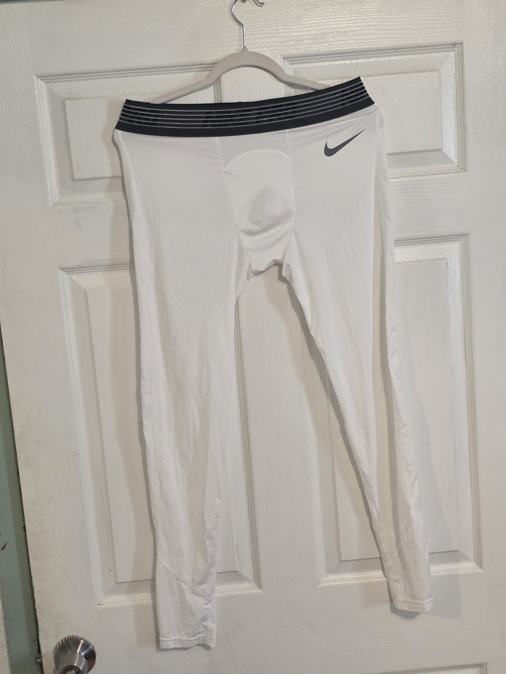 Nike Men's White Compression Leggings with Black Waistband